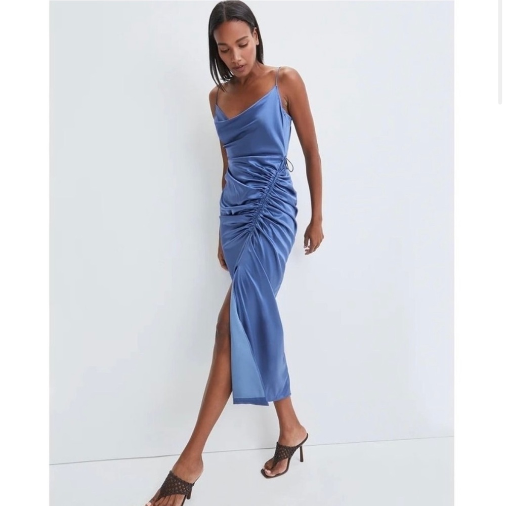 Veronica Beard New NWT Natasha Steel Blue Ruched Silk Stretch Slit Maxi Dress 8